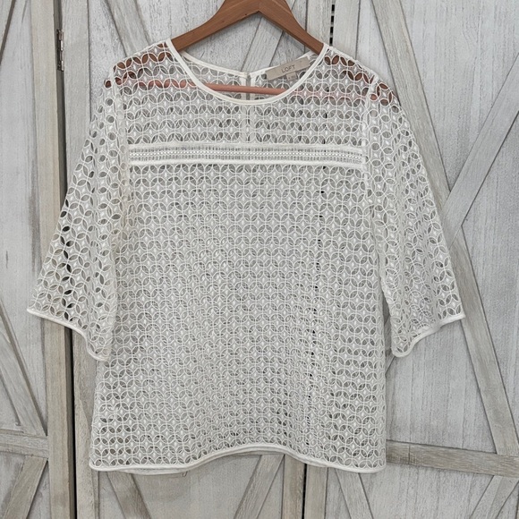 LOFT White Geometric Eyelet Top - Size Medium - Picture 2 of 9